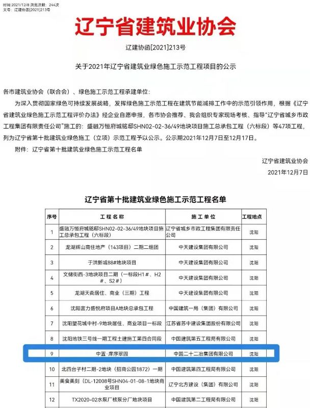 一公司一項(xiàng)工程獲評(píng)2021年遼寧省建筑業(yè)綠色施工示范工程